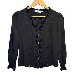 Anthropologie Greylin Blouse Womens XS Black Ruffle Romantic Feminine‎ Linen